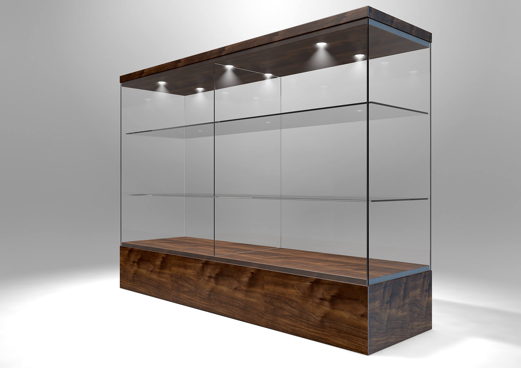 Empty rectangular glass display cabinet