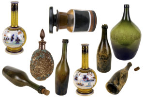 Display of glass vases from different historical time periods