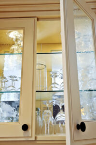 glass cabinets with fine glass ware within