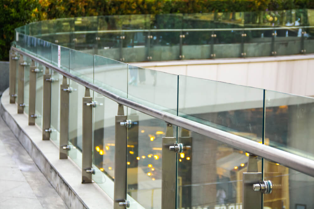 glass side railing on a commercial shopping mall