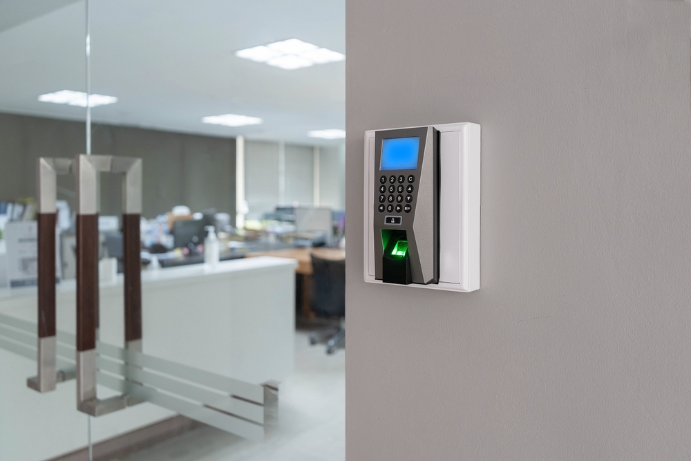 Office glass door with fingerprint scanner