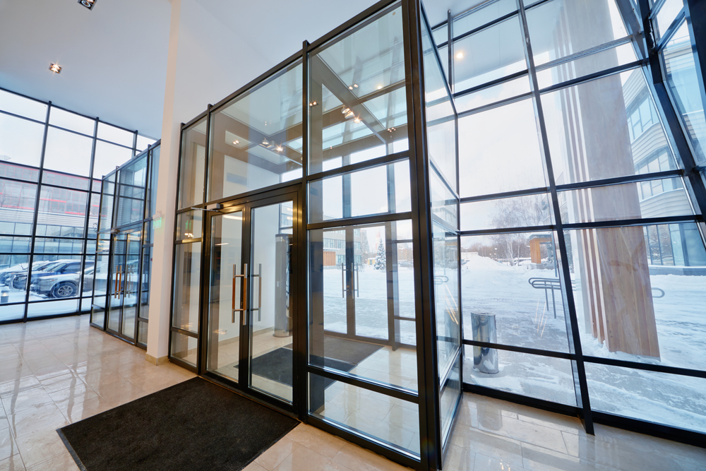 View of glass entryway from the reception area