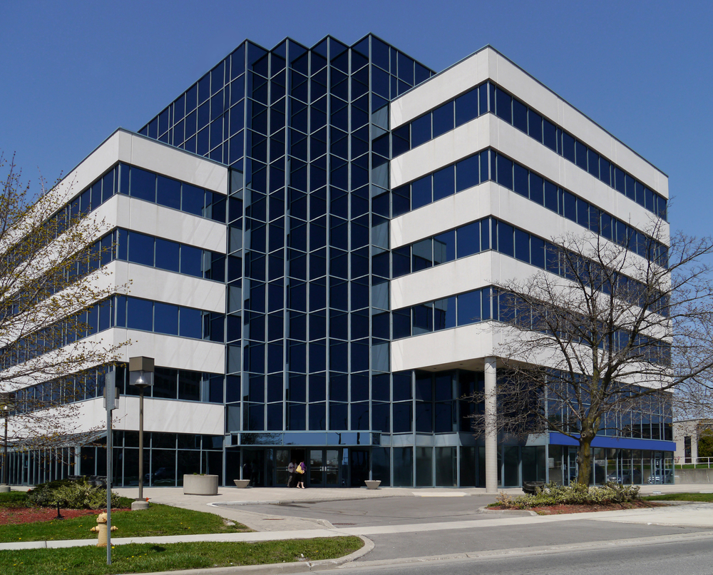 Suburban business building with custom glass