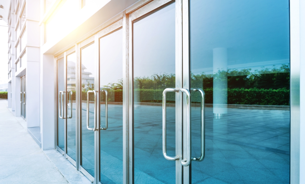 Glass office doors on a modern commercial building